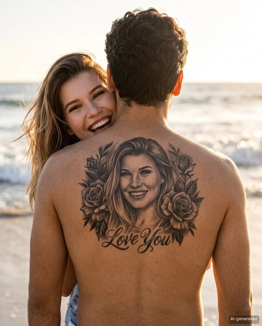 AI couple back tattoo photo — Golden Beach — example 1