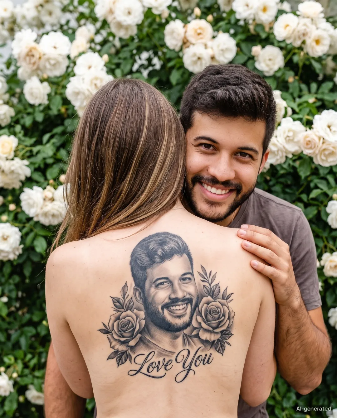 AI couple back tattoo photo — White Rose Wall — example 2