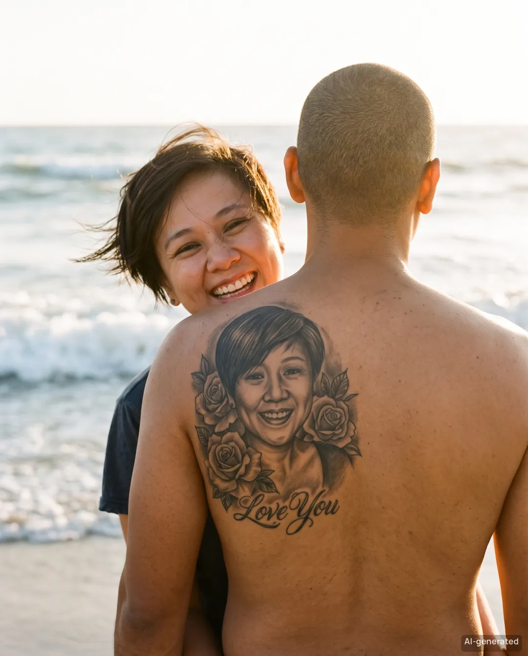 AI couple back tattoo photo — Golden Beach — example 3