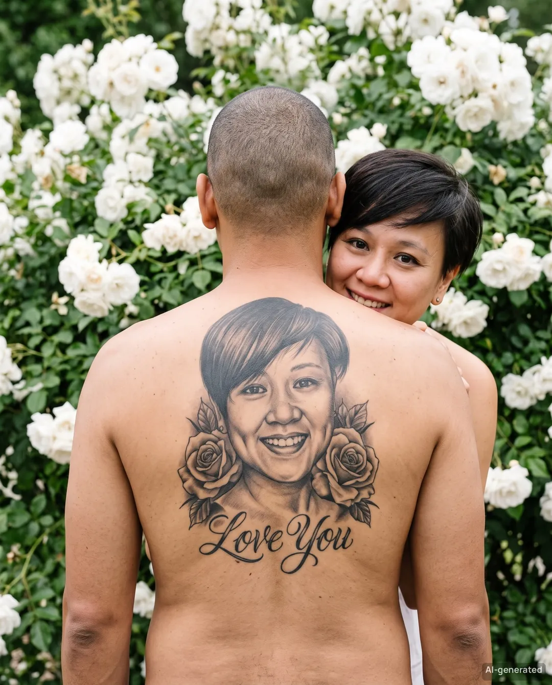AI couple back tattoo photo — White Rose Wall — example 3